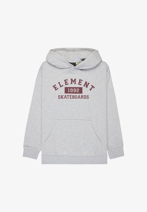 Szara bluza z kapturem z kieszenią z przodu, z nadrukiem "ELEMENT 1992 SKATEBOARDS" w kolorze bordowym. Kaptur ze sznurkiem i ściągacze na rękawach. Miękka tekstura.