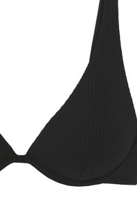 Top bikini nero a coste con design a V profonda, caratterizzato da una texture liscia e spalline regolabili. Il materiale è elasticizzato e aderente.