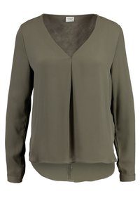 Olivengrüne Bluse mit V-Ausschnitt, langen Ärmeln und einem etwas längeren Rückenteil. Hergestellt aus glattem, leichtem Stoff mit lockerer Passform.