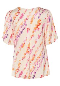 Blusa crema con maniche corte e leggere; presenta un motivo astratto di pennellate arancioni, rosa e viola; tessuto leggero.