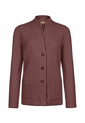 Brun struktureret button-up jakke med ståkrave og to forreste stiklommer, præsenteret mod en hvid baggrund.