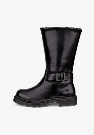 Schwarze Lederstiefel bis zum Knie mit glatter Oberfläche, einer Schnalle am Riemen und einer robusten Sohle. Weiche Fütterung am oberen Rand.