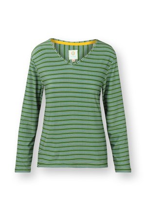 Groene langemouwen top met een V-hals, met afwisselend witte en blauwe strepen. Zachte textuur, normale pasvorm en een gele accent op de hals.