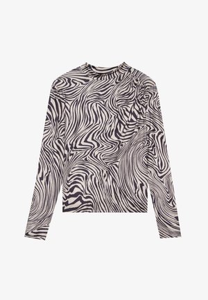 Kreāms krekls ar garām piedurknēm un melnu abstraktu viļņveida rakstu, ar augstu apkakli un nedaudz savāktiem plecu elementiem. Mīksta auduma tekstūra.