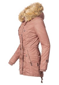 Cappotto invernale da donna di colore rosa antico, trapuntato, con colletto in pelliccia sintentica, chiusura frontale con zip, bottoni e lacci in vita regolabili.