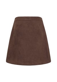 Jupe trapèze en daim marron avec une ceinture ajustée et un design simple sur fond blanc.