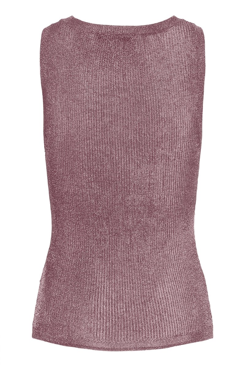 Sleeveless top in a mauve color, made of textured knit fabric with a ribbed pattern. Features a rounded neckline and fitted silhouette.