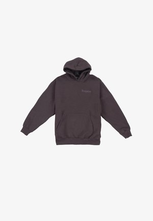 Tumehall hall sweatshirt, millel on kenguru-tasku, soonikud ja äär. Ees on kergemas toonis sõna "Dropsize".