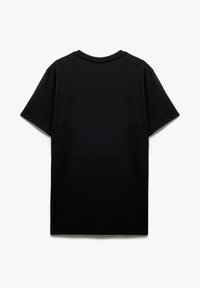 Black cotton t-shirt featuring a round neck, short sleeves, and a smooth texture. No visible patterns or graphics on the back.