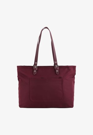 Burgunderfarbene Tragetasche mit doppelten Schulterriemen, aus strapazierfähigem Stoff gefertigt. Verfügt über eine Vordertasche und silberne Hardware-Details. Glatte Textur.