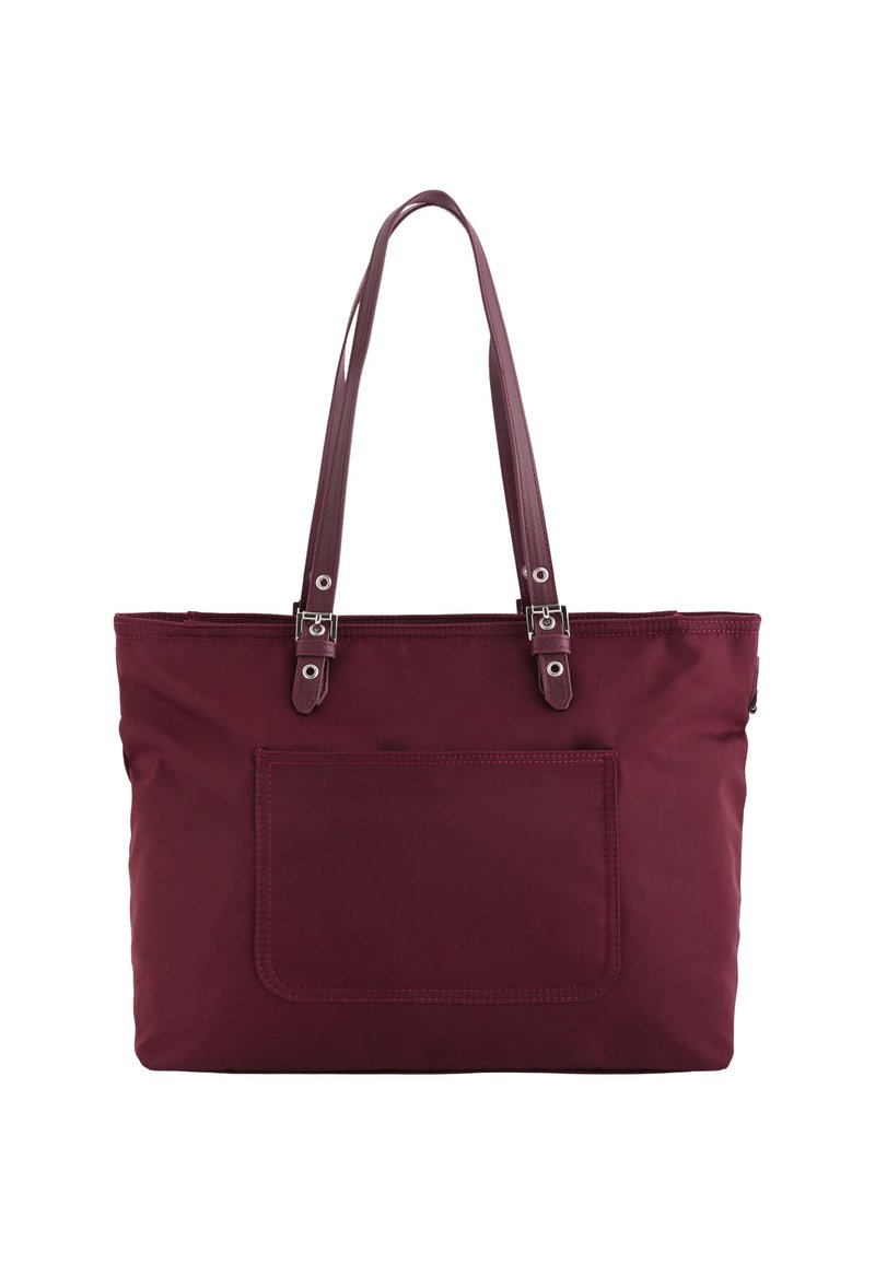Bordeaux tote bag met dubbele schouderbanden, gemaakt van duurzaam stof. Beschikt over een voorvak en accenten van zilver hardware. Soepele textuur.