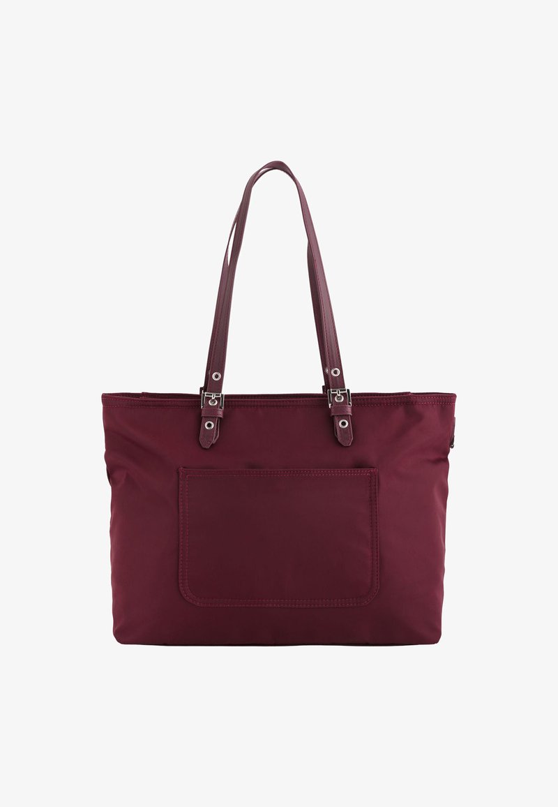 Bordeaux tote bag met dubbele schouderbanden, gemaakt van duurzaam stof. Beschikt over een voorvak en accenten van zilver hardware. Soepele textuur.