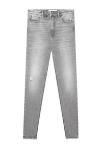 Světle šedé džíny s úzkým střihem, s mírnými oděrkami, pěti kapsami a standardním pasem se zipovým zapínáním.