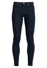 Mörkblå denim skinny jeans med hög midja, framfickor och metallknappsstängning. Har en jämn yta och minimal sömnad.