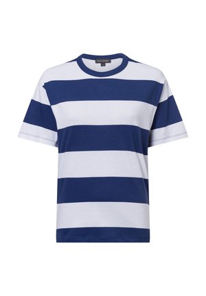 Gestreiftes T-Shirt in Marineblau und Weiß aus Baumwolle. Verfügt über einen Rundhalsausschnitt und kurze Ärmel, mit gleichmäßigen horizontalen Streifen.