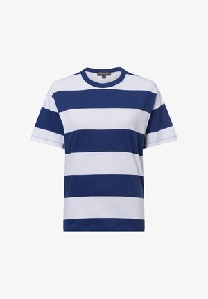 Navy and white striped t-shirt made from cotton. Features a crew neckline and short sleeves, with even horizontal stripes throughout.