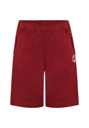 Pantaloncini rossi al ginocchio con cintura elastica, tasche laterali e un piccolo logo circolare bianco con un mammut sulla gamba destra.