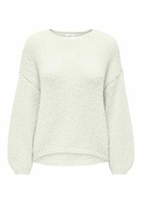 Pull en tricot gris clair avec une coupe décontractée, un col rond et des manches ballon avec des poignets et un ourlet côtelés. Texture douce, sans motifs.