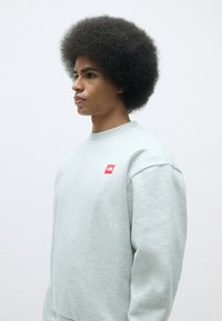 Sudadera gris claro hecha de una tela suave, con un pequeño logo rojo en el pecho. El diseño incluye cuello redondo y costuras de hombro caídas.