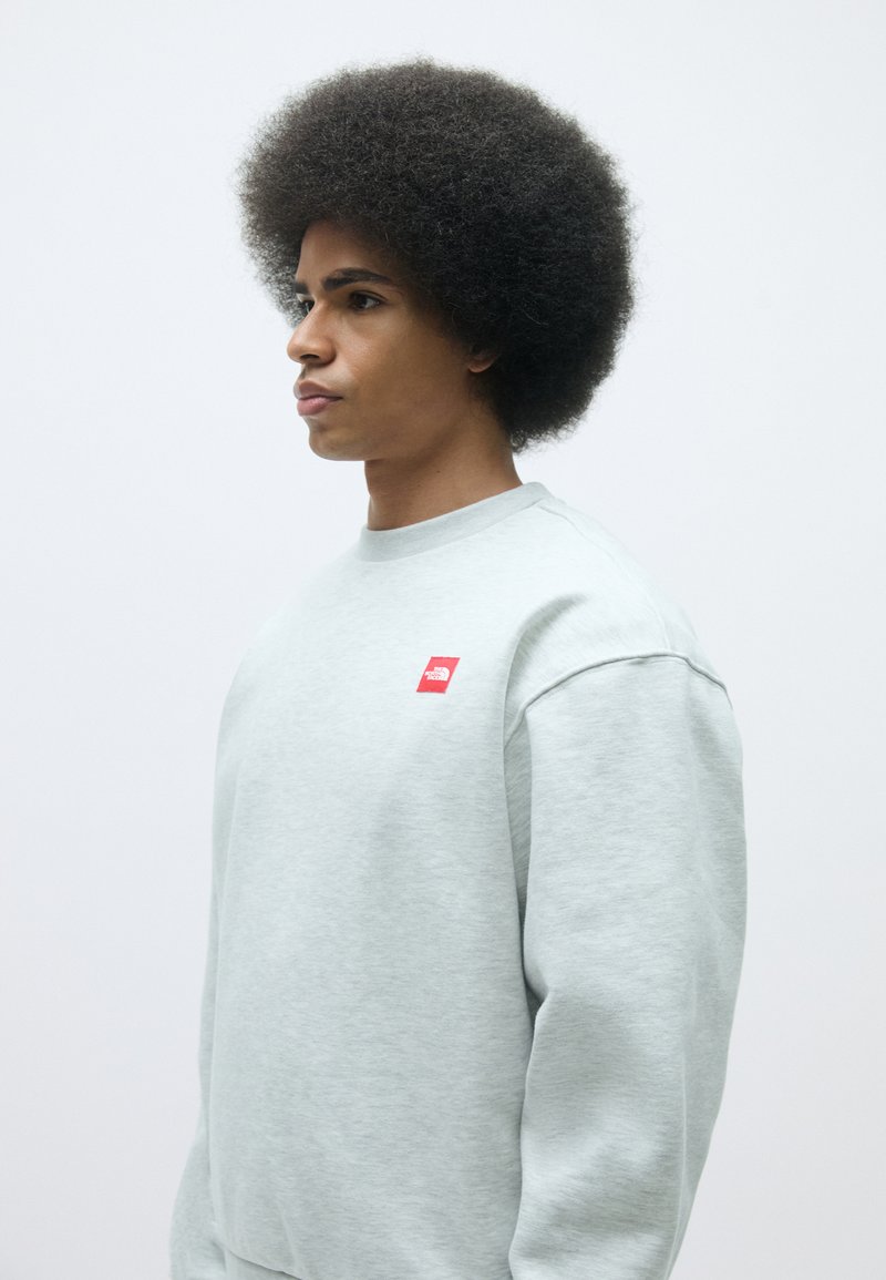 Hellgrauer Sweatshirt aus weichem Stoff, mit einem kleinen roten Logo auf der Brust. Das Design umfasst einen Rundhalsausschnitt und überschnittene Schulternähte.