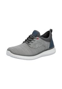 Hellgrauer Sportschuh mit Mesh-Obermaterial, dunkelgrauen und marineblauen Akzenten, Schnürdesign und weißer, strukturierter Sohle, seitlich im Dreiviertelprofil gezeigt.