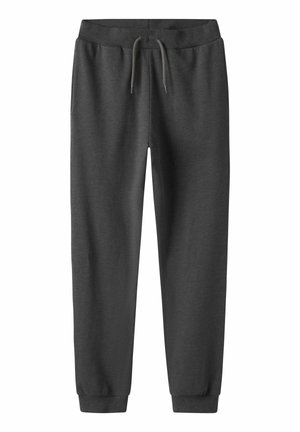 Dunkelgraue Jogginghose aus weichem Material, mit einem elastischen Bund und verstellbaren Kordeln sowie eng anliegenden Bündchen. Keine Muster oder Hardwaredetails.