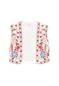 Geborduurd mouwloos vest met bloemenontwerpen in rood, blauw en groen op een witte stofachtergrond. Rechte snit en geen sluiting.