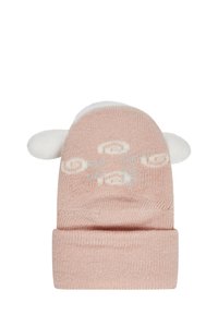Pink knitted hat with a folded cuff, featuring white ear accents and a soft texture. Displays a subtle pattern of light and dark swirls.