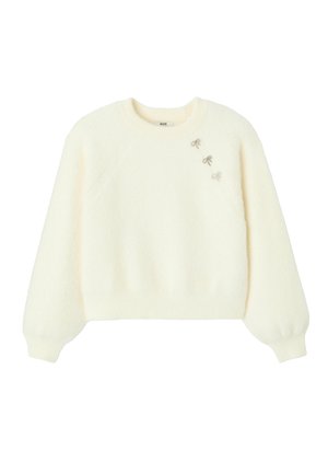 Sweat-shirt à enfiler de couleur crème, fabriqué en tissu duveteux, doté d'un col rond et orné de trois nœuds argentés décoratifs sur le devant.