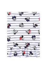 Tissu blanc avec des rayures horizontales bleu marine présentant des personnages de dessins animés. Comprend Mickey et Minnie Mouse avec des accents rouges et bleus et un ourlet froncé.