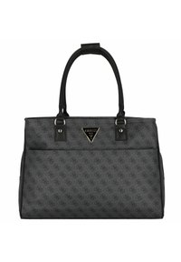 Borsa a mano nera testurizzata con doppi manici, decorata con un logo triangolare. Presenta un sottile motivo geometrico e un design strutturato.