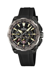 Reloj cronógrafo negro con bisel de acero inoxidable, marcadores de hora en amarillo y blanco, tres subdiales, correa de goma y display de fecha.