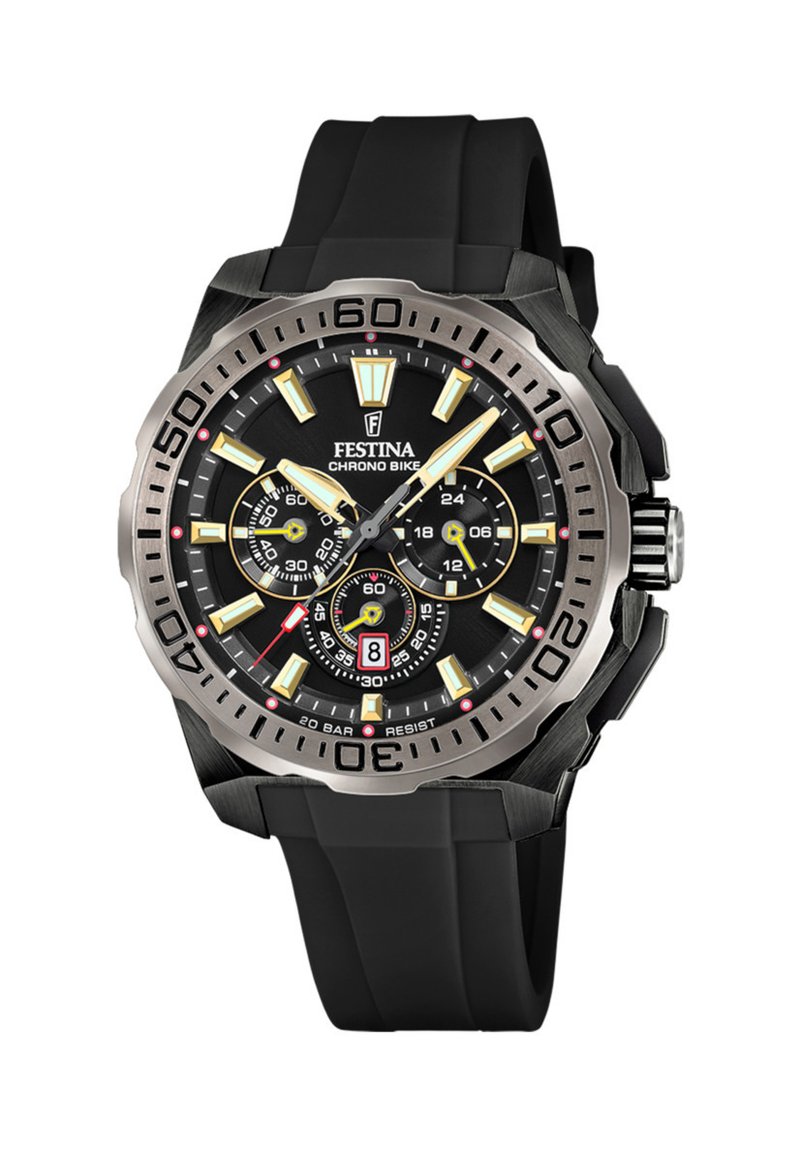 Reloj cronógrafo negro con bisel de acero inoxidable, marcadores de hora en amarillo y blanco, tres subdiales, correa de goma y display de fecha.