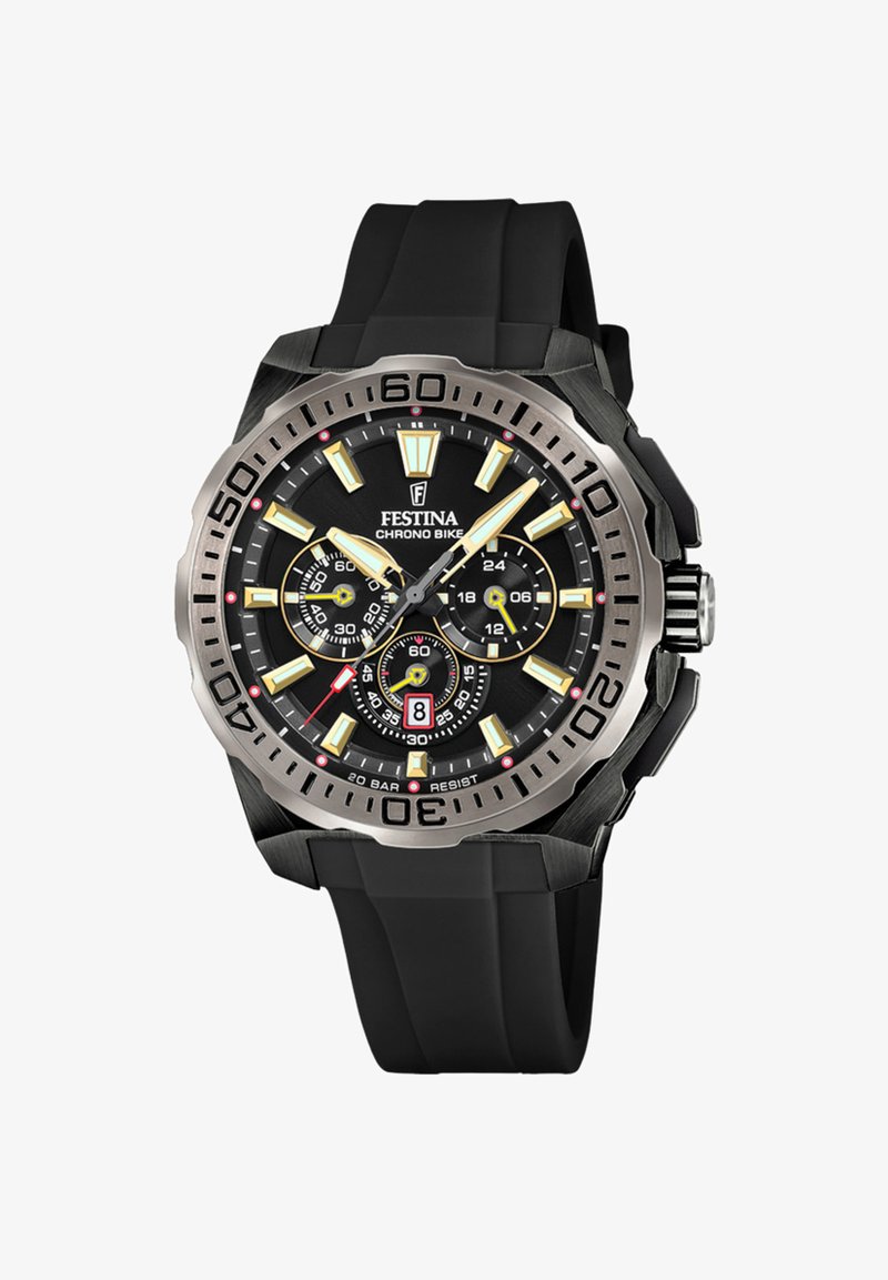 Reloj cronógrafo negro con bisel de acero inoxidable, marcadores de hora en amarillo y blanco, tres subdiales, correa de goma y display de fecha.