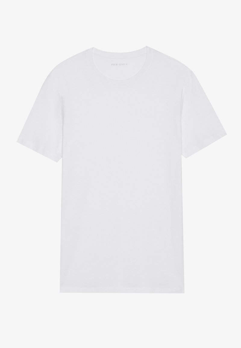 T-shirt en coton blanc avec un col rond classique et des manches courtes. Design simple, texture lisse et apparence dépouillée.
