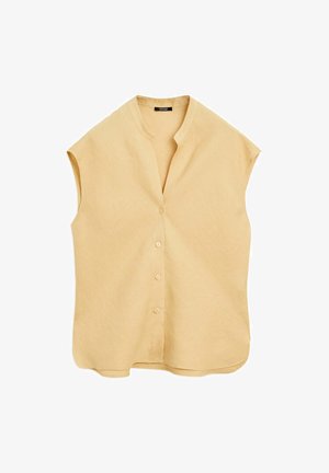 Kurzärmliges, kragenloses Hemd in hellem Gelb mit Knopfleiste und weicher, strukturierter Baumwolle. Abgerundeter Saum und lockere Passform.