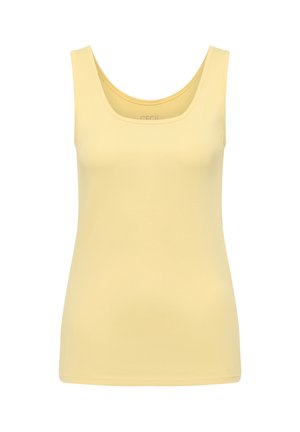 Débardeur jaune pâle pour femme, sans manches, avec encolure dégagée, design épuré et coupe cintrée.