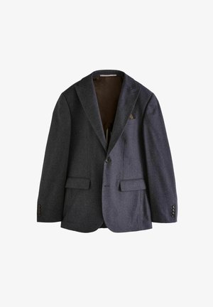 Dunkelgrauer Blazer aus strukturiertem Stoff, mit Reverskragen, einer Knopfverschluss, zwei vorderen Taschen und brauner Innenausstattung.