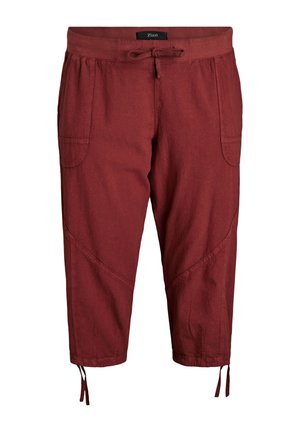 Rote, verkürzte Hosen mit Kordelzug an der Taille, vorderen aufgesetzten Taschen und Bändern an den Saumabschlüssen, gefertigt aus strukturiertem Stoff.