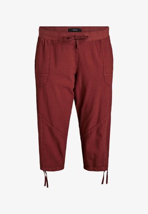 Rode cropped broek met trekkoord in de taille, voorzakken met klep en strikjes aan de zoom, gemaakt van gestructureerde stof.