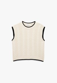 Cremfarbener, gestrickter ärmelloser Top mit Zopfmustern, ausgestattet mit einem schwarzen, gerippten Ausschnitt und Armöffnungen sowie einem geraden Saum.