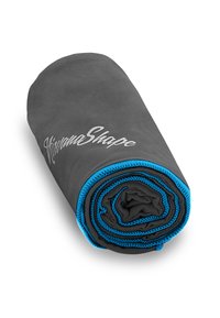 Gray rolled towel with blue stitching. Features "HavanaShape" logo in white. Soft texture, compact design, suitable for travel or exercise.