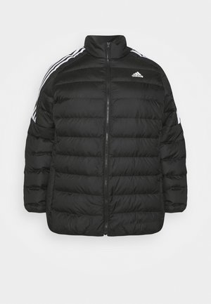 Veste matelassée noire Adidas avec fermeture éclair devant, col montant et détail blanc à trois bandes sur les épaules et les manches.