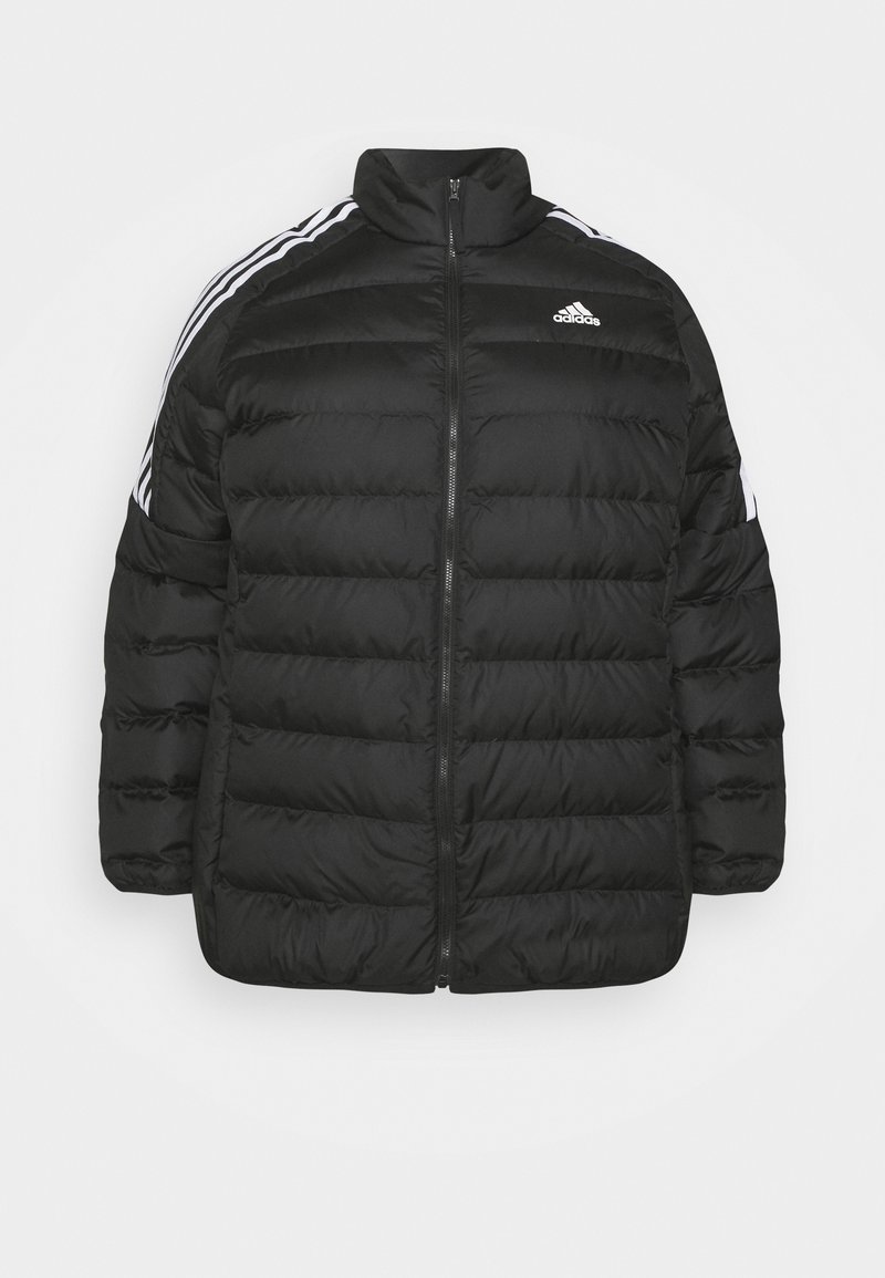 Veste matelassée noire Adidas avec fermeture éclair devant, col montant et détail blanc à trois bandes sur les épaules et les manches.