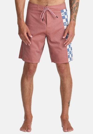 Men's swim shorts in pink fabric with a checkerboard pattern in blue and white on the left side. Adjustable drawstring waistband.