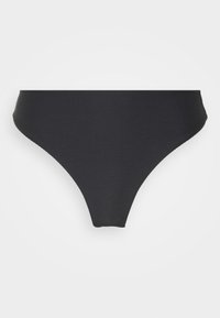 Melnā bikini apakšdaļa ar ribota tekstūra, augstākā griezuma dizains un minimālistisks stils. Nav redzamu dekoru vai aparatūras.