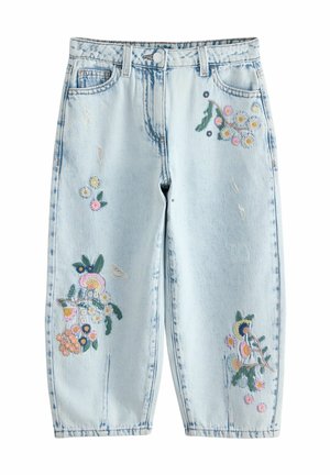 Hellblaue Denim-Jeans mit Used-Details und bunter Blumenstickerei auf beiden Beinen. Verfügt über fünf Taschen und einen Knopfverschluss.