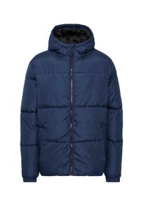 Jachetă pufnavă bleumarin cu glugă, având cusături orizontale și fermoar frontal. Fabricată dintr-un material neted, izolat.
