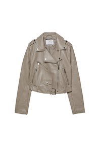 Beige leather cropped motorcycle jacket with a belted waist, multiple zippered pockets, snap fasteners, and an asymmetrical front closure.