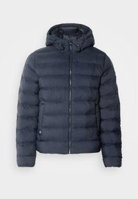 Navy puffer jacket with a zip closure, hood, and stitched horizontal seams. Fabric is smooth with a lightweight and insulated design.